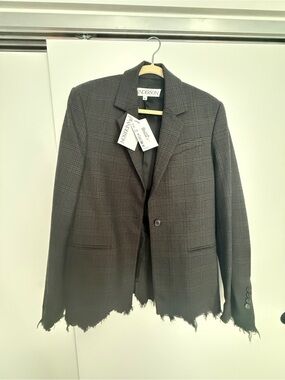 J.W. Anderson Dark Brown Glen Plaid Single-Button Blazer with Frayed Hem